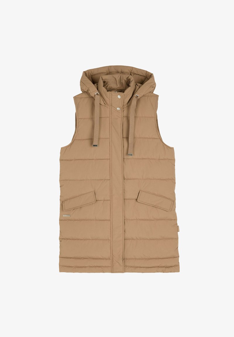 Beżowa kamizelka puchowa z kapturem, zapięcie na zamek błyskawiczny, dwie przednie kieszenie oraz regulowane sznurki. Teksturowana pikowana powierzchnia z widocznymi szwami.