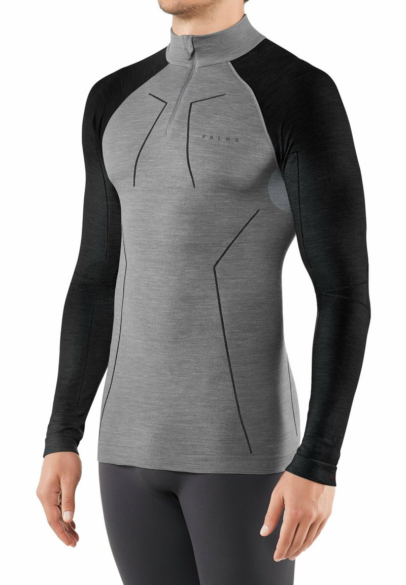 Camicia a maniche lunghe FALKE grigia con dettagli neri, caratterizzata da un collo alto, tessuto testurizzato e design a pannelli a contrasto.