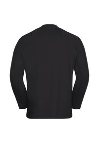 Schwarzes Langarmshirt mit Rundhals, aus glattem Stoff gefertigt. Mit Raglanärmeln und geradem Saum ohne Verzierungen.