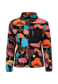 Flauschige, mehrfarbige Fleecejacke mit einem floralen Muster auf schwarzem Hintergrund. Enthält eine Reißverschlusstasche auf der Brust und einen hohen Kragen.
