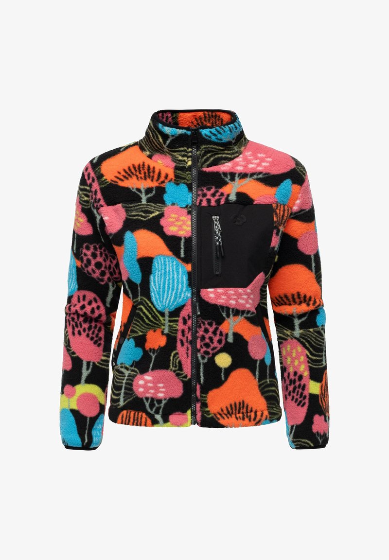 Flauschige, mehrfarbige Fleecejacke mit einem floralen Muster auf schwarzem Hintergrund. Enthält eine Reißverschlusstasche auf der Brust und einen hohen Kragen.
