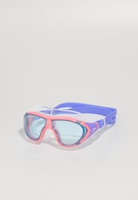 Zwemgoggles met een roze frame en blauw getinte glazen. Voorzien van verstelbare paarse siliconen banden en een heldere siliconen neusbrug.