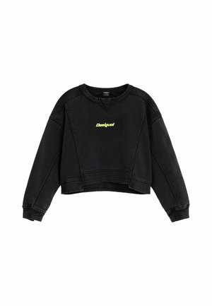 Czarna krótka bluza z długimi rękawami i neonowożółtym logo "Desigual" na środku klatki piersiowej, z prążkowanymi mankietami i dołem.