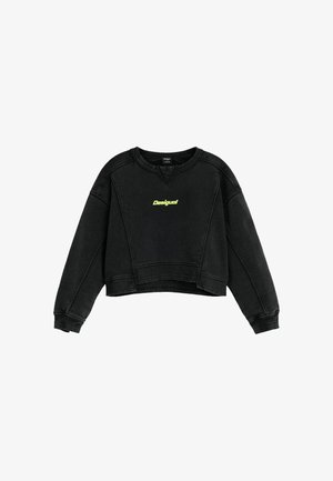 Czarna krótka bluza z długimi rękawami i neonowożółtym logo "Desigual" na środku klatki piersiowej, z prążkowanymi mankietami i dołem.