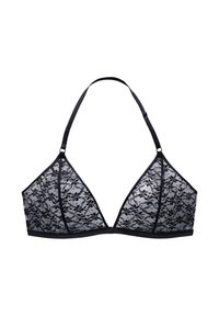 Schwarzer Spitzen-Bralette mit dreieckigen Cups, gewellten Kanten und verstellbaren Trägern. Mit einem floralen Muster und einem glatten Unterband.