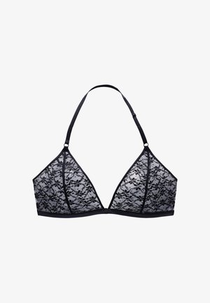 Bralette de encaje negro con copas triangulares, bordes festoneados y tirantes ajustables. Presenta un patrón floral con una banda inferior suave.