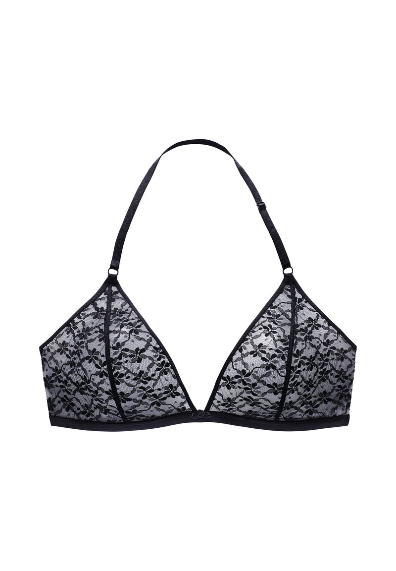 Schwarzer Spitzen-Bralette mit dreieckigen Cups, gewellten Kanten und verstellbaren Trägern. Mit einem floralen Muster und einem glatten Unterband.