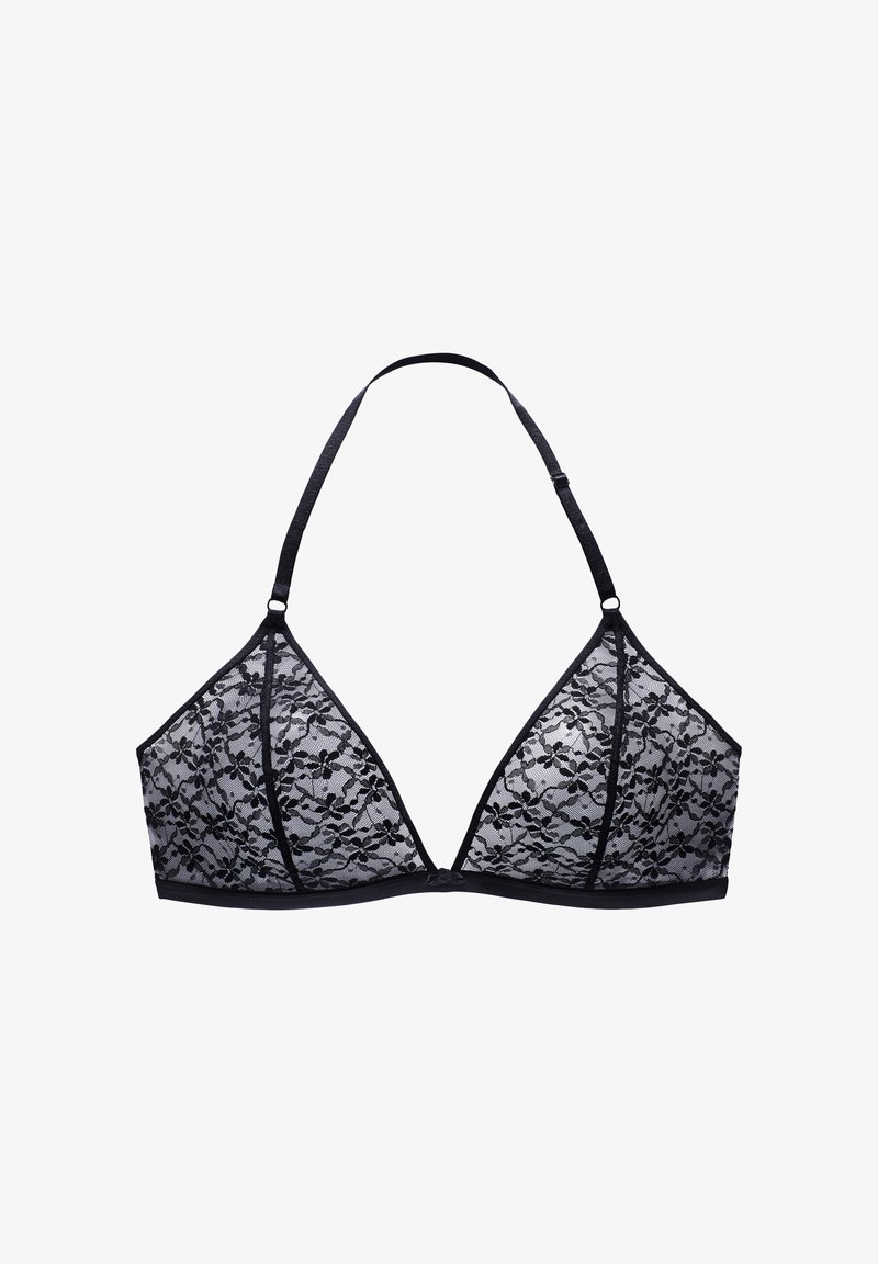 Schwarzer Spitzen-Bralette mit dreieckigen Cups, gewellten Kanten und verstellbaren Trägern. Mit einem floralen Muster und einem glatten Unterband.
