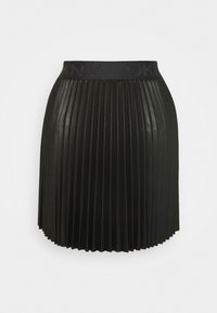 Gonna nera plissettata in ecopelle con fascia elastica in vita e logo DKNY in lettere nere sobrie.