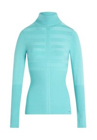Pull col roulé turquoise avec une texture côtelée, un motif à rayures verticales, des manches longues et une silhouette ajustée.