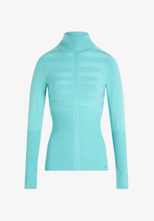 Maglione turtleneck turchese con texture a costine, motivo a strisce verticali, maniche lunghe e silhouette aderente.