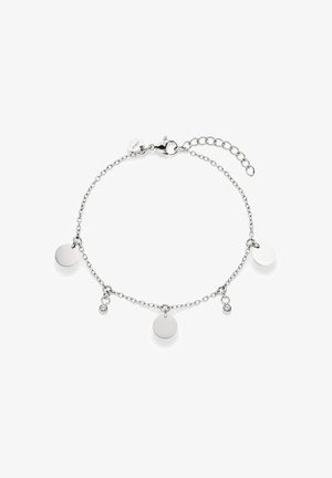 Zilveren armband met ketting, voorzien van drie platte ronde bedels en twee kleine kristallen hangers, een karabijnsluiting en een verstelbare schakeltussenstuk.