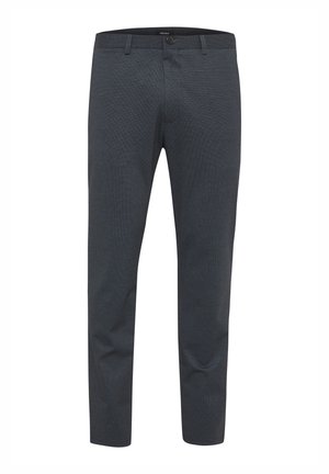 Dunkelgraue, maßgeschneiderte Hose aus strukturiertem Material. Verfügt über einen geraden Schnitt, Knopfverschluss und Gürtelschlaufen. Keine sichtbaren Muster.