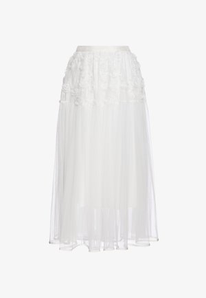 Weißer Midirock mit transparentem Stoff und 3D-Blumenapplikationen auf der oberen Hälfte sowie einem festen Taillenbund.