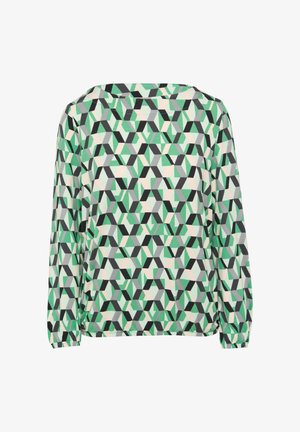 Langärmliges Oberteil aus leichtem Stoff mit einem geometrischen Muster in Grün, Schwarz und Beige, Boot-Ausschnitt und elastischen Bündchen.