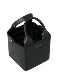 Sac à main en cuir noir en forme de carré avec des poignées arrondies, un intérieur à cordon et le logo "D.A.T.E." sur le devant.