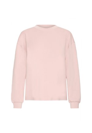 Hellrosa Sweatshirt mit rundem Ausschnitt, langen Ärmeln und gesammelten Bündchen. Hergestellt aus weichem Stoff mit entspannter Passform und ohne sichtbare Muster.