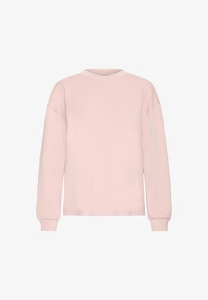 Svetloružová mikina s okrúhlym výstrihom, dlhými rukávmi a nariasenými manžetami. Vyrobená z jemnej látky s voľným strihom a bez viditeľných vzorov.