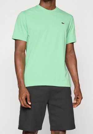 Mann trägt ein hellgrünes kurzärmeliges T-Shirt mit kleinem Logo auf der Brust und schwarzen knielangen Shorts vor einfachem Hintergrund.
