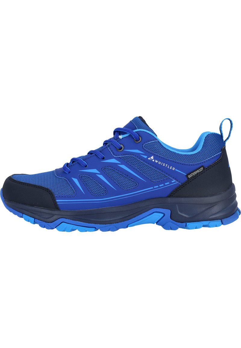 Blå vandringsskor med en texturerad mesh-överdel, syntetiska detaljer, en dämpad sula och vattenavvisande accenter. Snören i matchande blå.