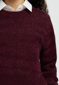 Bordo spalvos megztinis iš minkštos, pūkuotos medžiagos su apvalia iškirpte. Dėvimas virš baltos marškinių apykaklės. Turi struktūruotą, megztą raštą.