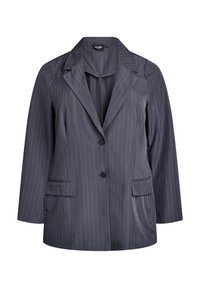 Blazer a rayas azul marino con solapa, dos bolsillos frontales y dos botones. Fabricado en tejido ligero, con un corte relajado.