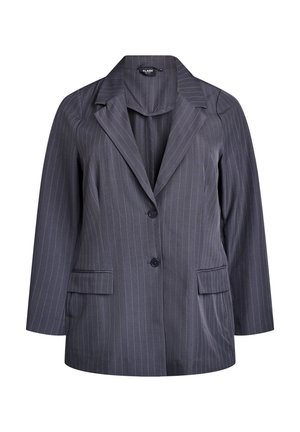 Blazer a rayas azul marino con solapa, dos bolsillos frontales y dos botones. Fabricado en tejido ligero, con un corte relajado.