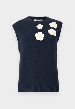 Pulover tricotat bleumarin fără mâneci, cu tiv striat, având trei flori brodate de culoare crem pe umărul stâng.