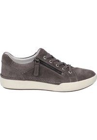 Baskets en daim gris avec semelle en caoutchouc blanche. Les caractéristiques incluent des lacets et une fermeture éclair latérale. Bout rond et accents cousus sur le dessus.