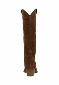 Bruine suède cowboylaarzen met een puntneus, hoge schacht en decoratieve stiksel. De hak is laag en van hout, met een lichte kromming aan de bovenkant.