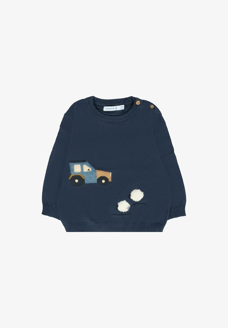 Maglione per neonato blu navy con maniche lunghe, bottoni decorativi sulla spalla e design di un camion con due ruote in pom-pom bianche.