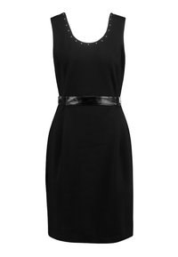 Czarna, bezrękawnikowa sukienka do kolan z okrągłym dekoltem, małymi srebrnymi ćwiekami wzdłuż dekoltu oraz błyszczącym czarnym paskiem w talii.