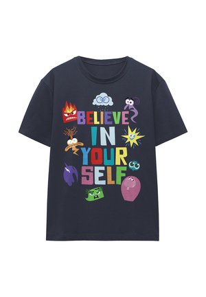 Navy blue short-sleeve cotton t-shirt featuring colorful text "BELIEVE IN YOUR SELF" surrounded by cartoon emotion characters.