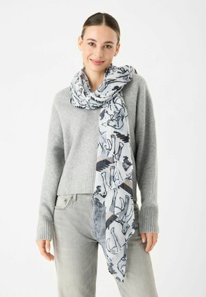 Écharpe légère à motif avec un design gris et blanc et des contours d'animaux. Tissu doux et transparent qui se drape élégamment autour du cou.
