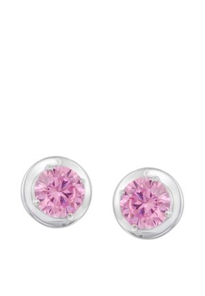 Round silver stud earrings each set with a large faceted pink gemstone held by four prongs.