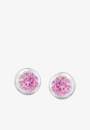 Runde silberne Ohrstecker, jeweils mit einem großen facettierten rosa Edelstein, der von vier Krappen gehalten wird.