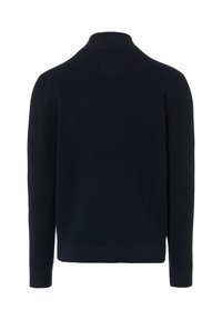 Marineblauer Strickpullover mit strukturiertem Muster und Stehkragen. Gerippte Bündchen an Ärmeln und Saum, gefertigt aus einem weichen Material. Rückansicht dargestellt.