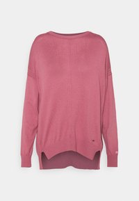Rosa Langarmpullover mit lockerer Passform, weitem Ausschnitt, gerippten Manschetten und Saum sowie seitlichen Schlitzen für zusätzlichen Komfort und Länge.