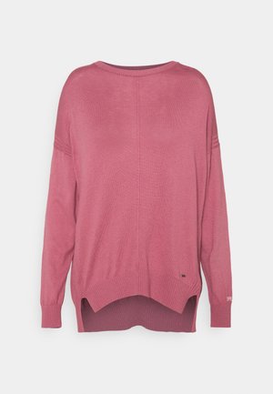 Rosa Langarmpullover mit lockerer Passform, weitem Ausschnitt, gerippten Manschetten und Saum sowie seitlichen Schlitzen für zusätzlichen Komfort und Länge.