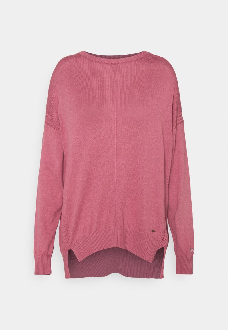 Rosa Langarmpullover mit lockerer Passform, weitem Ausschnitt, gerippten Manschetten und Saum sowie seitlichen Schlitzen für zusätzlichen Komfort und Länge.