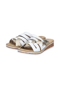White slide sandals featuring wide straps, gold accents, textured cork sole, and a wedge heel design. Perforated details on straps.