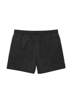 Czarne kąpielówki męskie z elastycznym pasem i sznurkiem z przodu, krótkie, o prostym kroju.