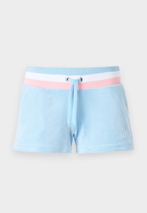 Svetlomodré velúrové šortky s pásom s ružovými a bielymi pruhmi, so šnúrkou na stiahnutie a vyšitým logom na ľavej strane.