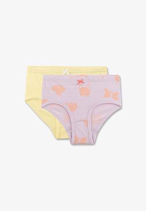 Zwei Paare Kinderunterwäsche: eine gelbe und eine lilafarbene mit einem bedruckten Muster von Tieren, beide mit dehnbaren Taillenbünden und dekorativen Schleifen.