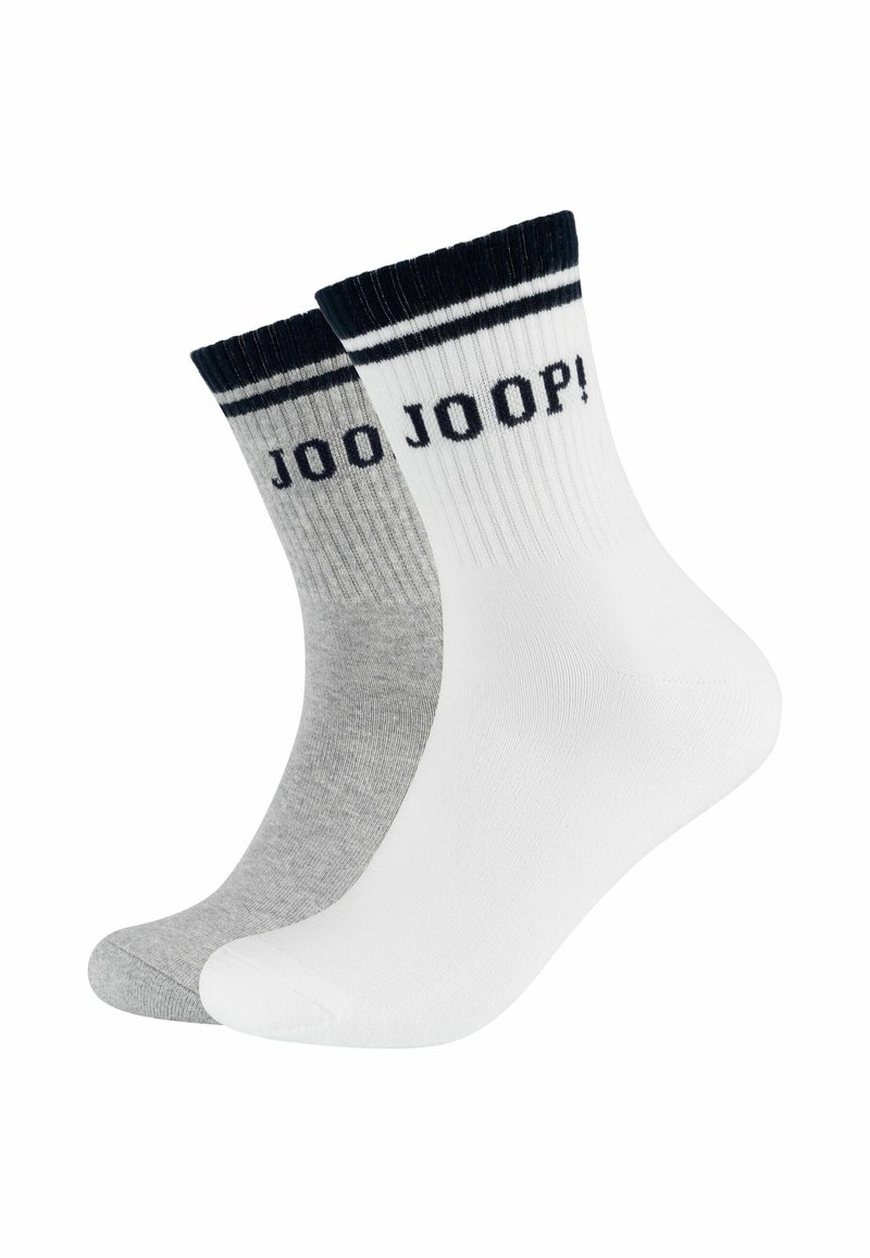 Bomuldscrew-sokker i hvid, grå og sort. Hver har kontrasterende striber og teksten "JOOP!" på den øverste del.