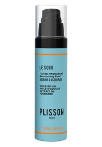 Feuchtigkeitsspendende Flüssigkeit in einer hellblauen Flasche mit schwarzem Pumpauslauf. Enthält schwarzen und orangefarbenen Text; enthält Leinsamen- und Avocadoöle.