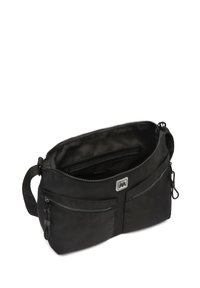 Sac à épaule en nylon noir avec un compartiment principal zippé, deux poches zippées à l'avant et une sangle ajustable. Logo en métal à l'avant.