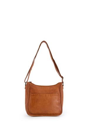 Sac à bandoulière en cuir marron avec une sangle ajustable, fermeture éclair et une poche frontale, présentant une surface lisse et une forme arrondie.