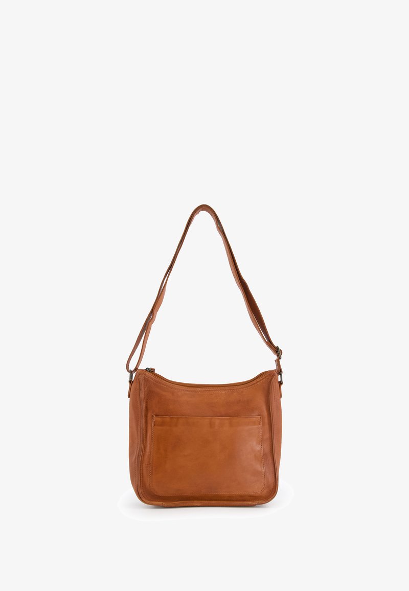 Brown leather shoulder bag with an adjustable strap, zip closure, and a front pocket, featuring a smooth surface and rounded shape.