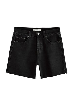 Schwarze Jeansshorts mit hoher Taille, vorderen Knöpfen, Reißverschluss, fünf Taschen, Gürtelschlaufen und seitlichen Schlitzen an jedem Bein.